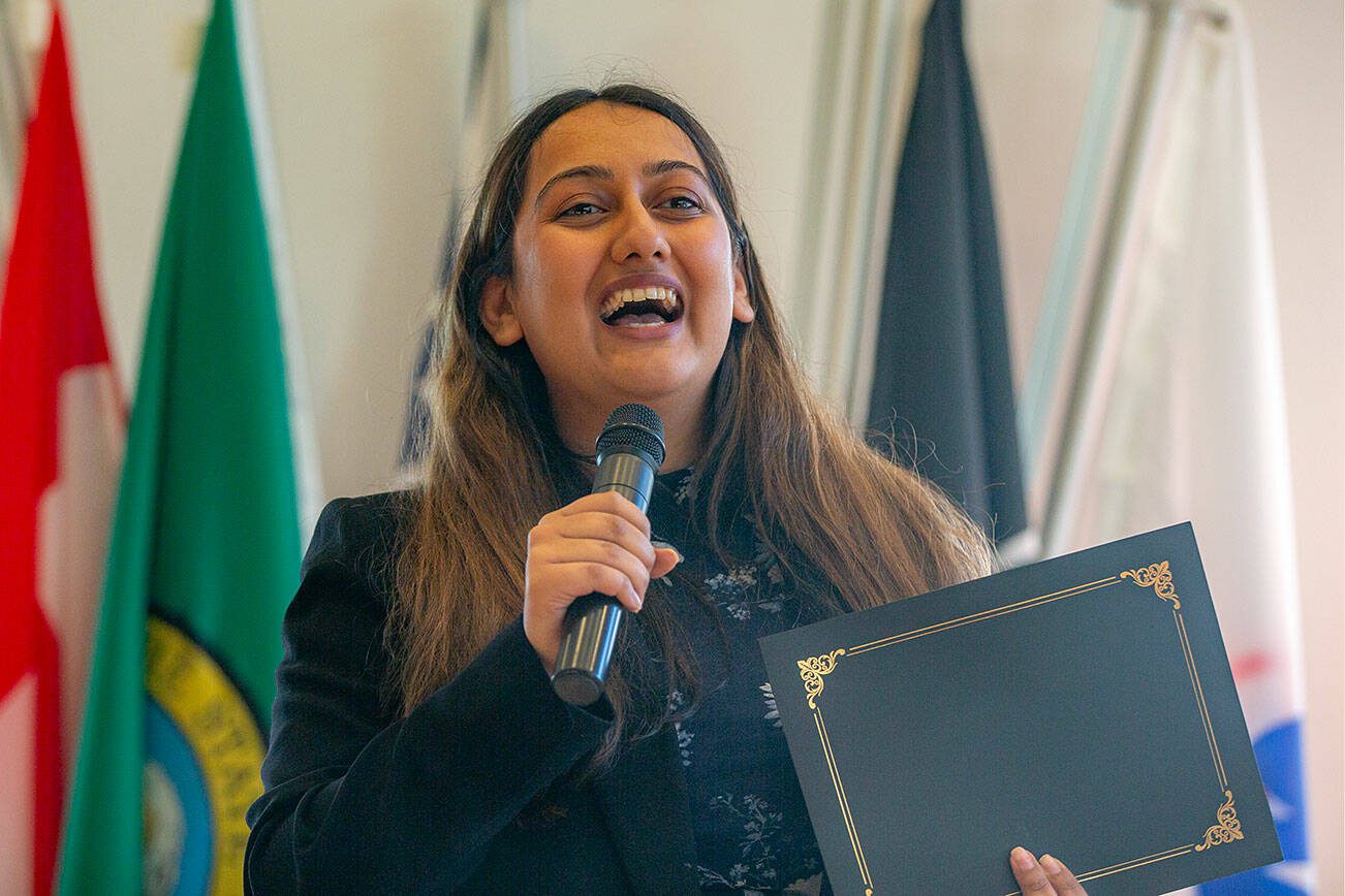 Simreet Dhaliwal speaks after winning during the 2024 Snohomish County Emerging Leaders Awards Presentation on Wednesday, April 17, 2024, in Everett, Washington. (Ryan Berry / The Herald)