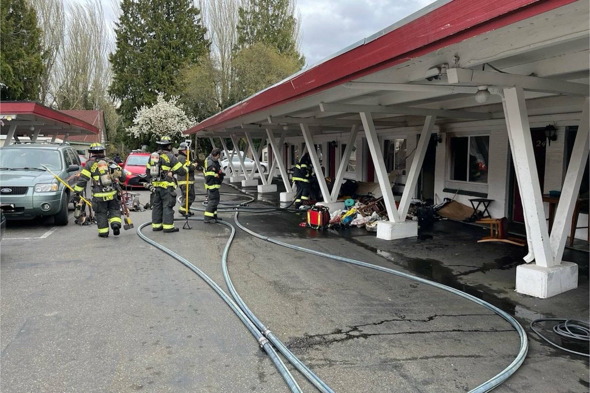 Firefighters extinguished a fire that displaced 5 people Monday at the St. Frances Motel in Edmonds. (Photo provided by South County Fire)