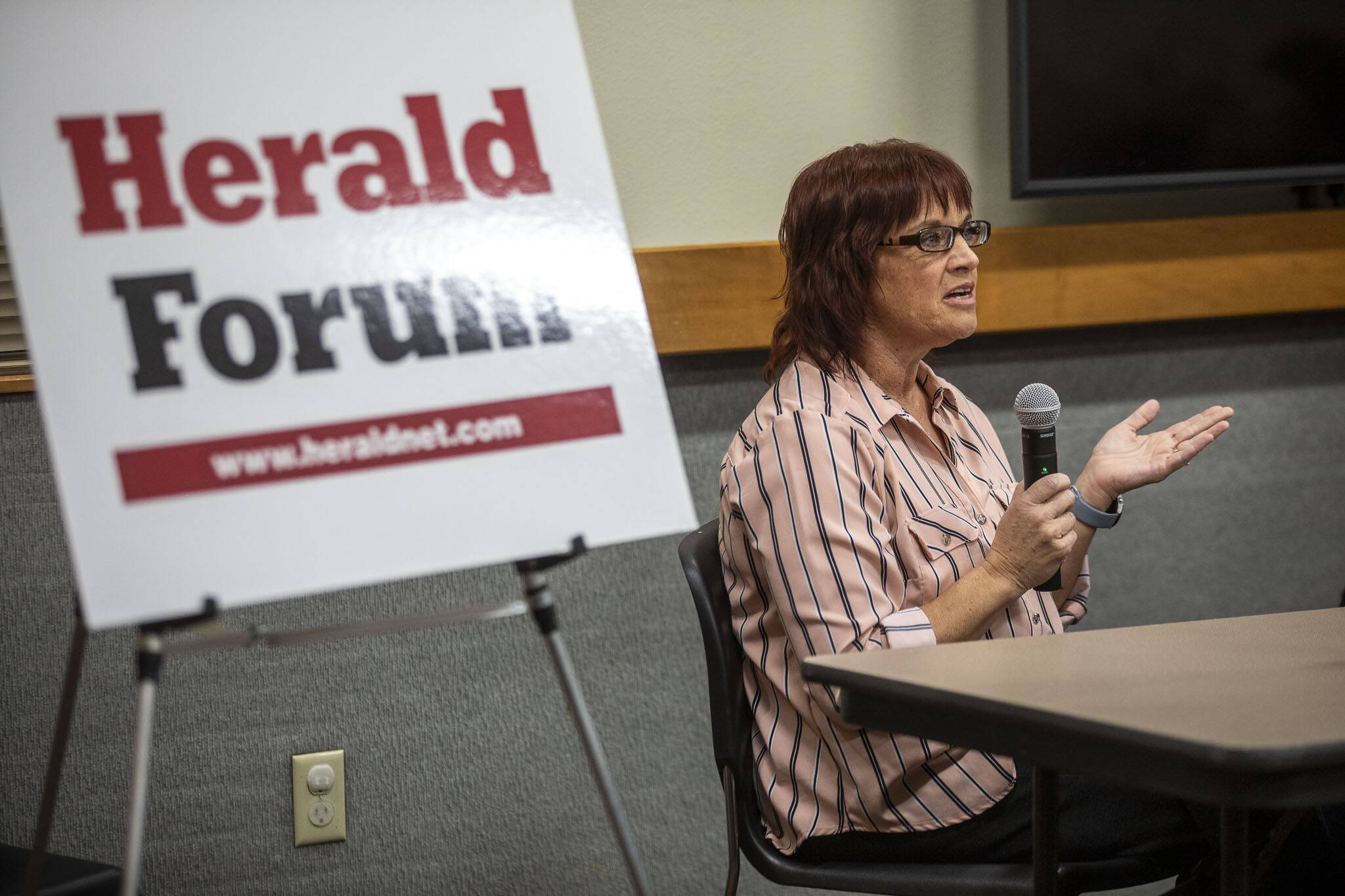 Shannon Goforth, executive director of Sound Pathways, speaks during a homelessness forum sponsored by The Daily Herald at the Mukilteo Library on Thursday, April 11, 2024, in Mukilteo, Washington. (Annie Barker / The Herald)