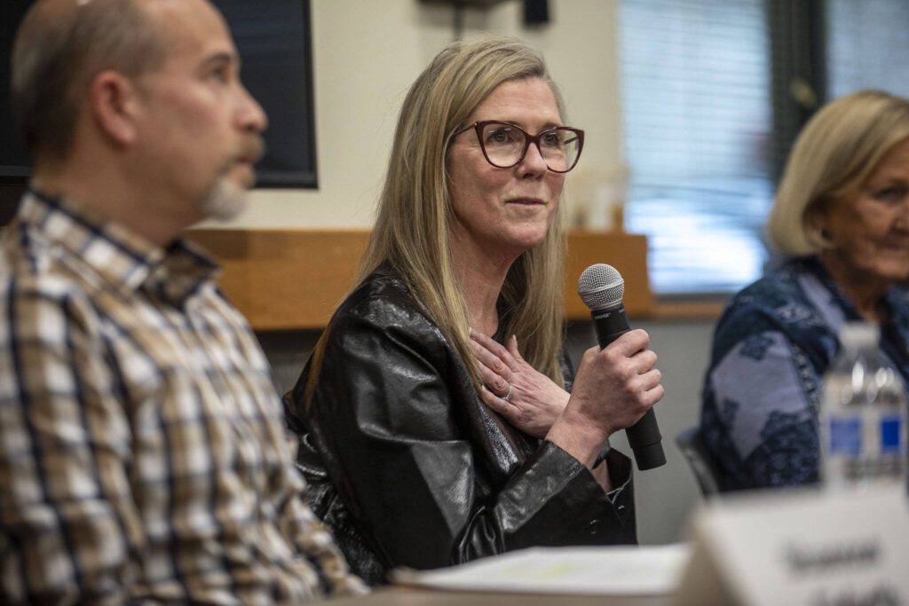 Donna Moulton, the CEO of Housing Hope, speaks during a homelessness forum sponsored by The Daily Herald at the Mukilteo Library on Thursday, April 11, 2024, in Mukilteo, Washington. (Annie Barker / The Herald)

