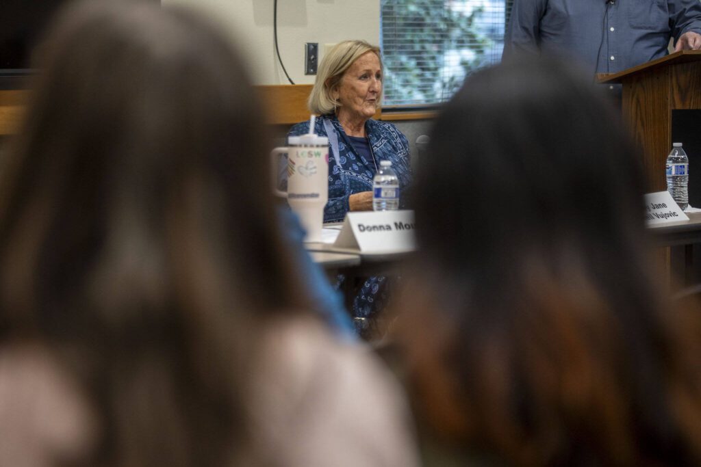 Mary Jane Brell Vujovic speaks during a homelessness forum sponsored by The Daily Herald at the Mukilteo Library on Thursday, April 11, 2024, in Mukilteo, Washington. (Annie Barker / The Herald)
