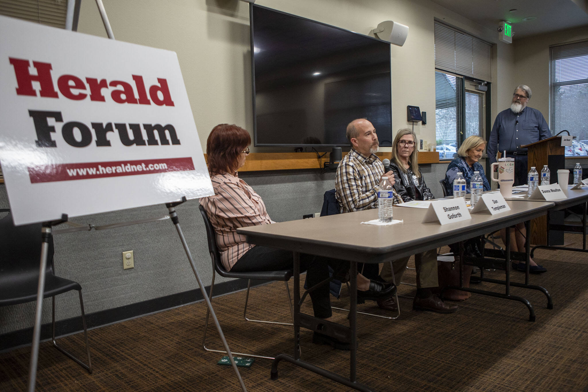 Dan Templeman speaks during a forum lead by The Daily Herald on housing affordability at the Mukilteo Library on Thursday, April 11, 2024 in Mukilteo, Washington. (Annie Barker / The Herald)