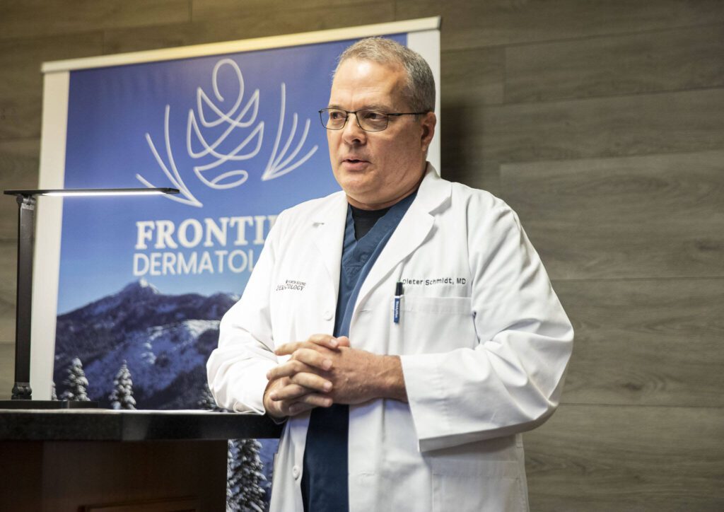 Mill Creek physician Dieter Schmidt, M.D. speaks about Washington’s first availability of the most advanced nonsurgical treatment for nonmelanoma skin cancer available to patients on Wednesday, April 17, 2024 in Mill Creek, Washington. (Olivia Vanni / The Herald)
