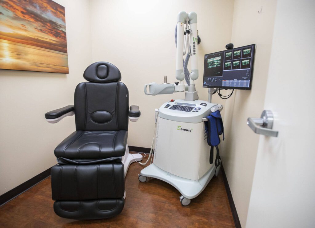Inside a doctors room with the equipment used for the new nonsurgical treatment for nonmelanoma skin cancer on Wednesday, April 17, 2024 in Mill Creek, Washington. (Olivia Vanni / The Herald)
