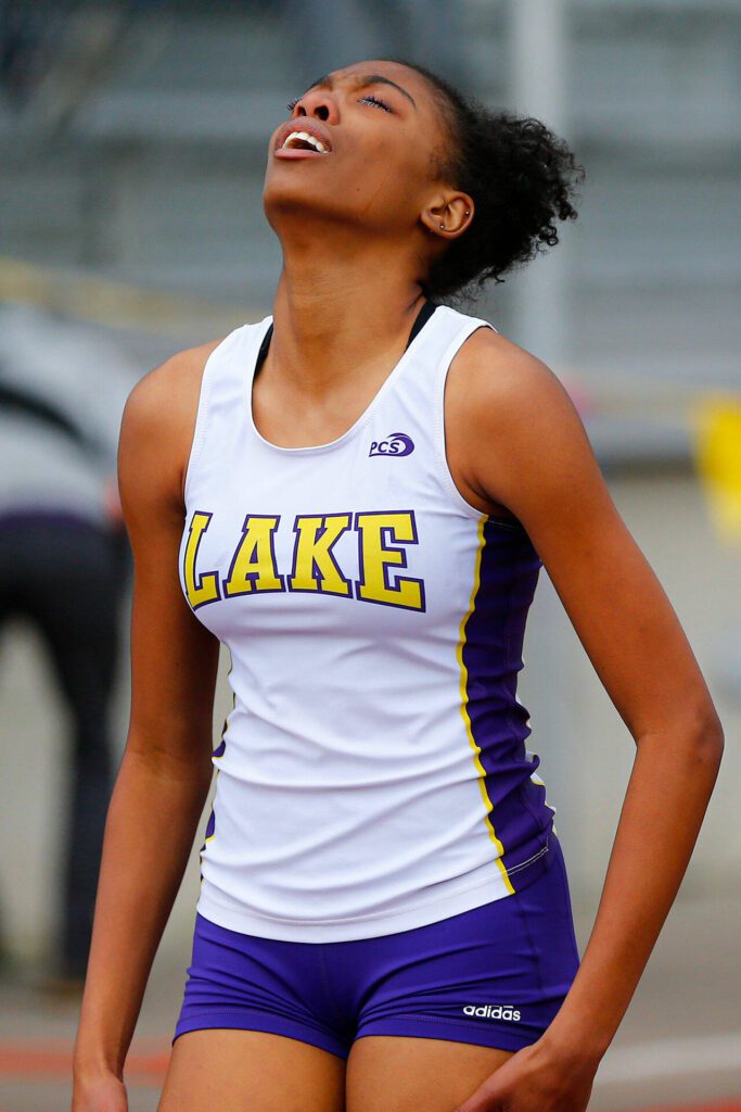 Lake Stevens’ Kaysa Banks catches her breath after winning the 400 during a meet Thursday, April 11, 2024, in Lake Stevens, Washington. (Ryan Berry / The Herald)
