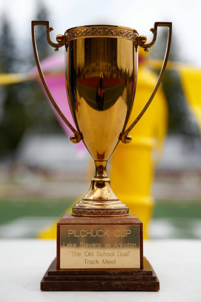 The Pilchuck Cup sits on a table during a track and field meet between Arlington and Lake Stevens on Thursday, April 11, 2024, in Lake Stevens, Washington. (Ryan Berry / The Herald)
