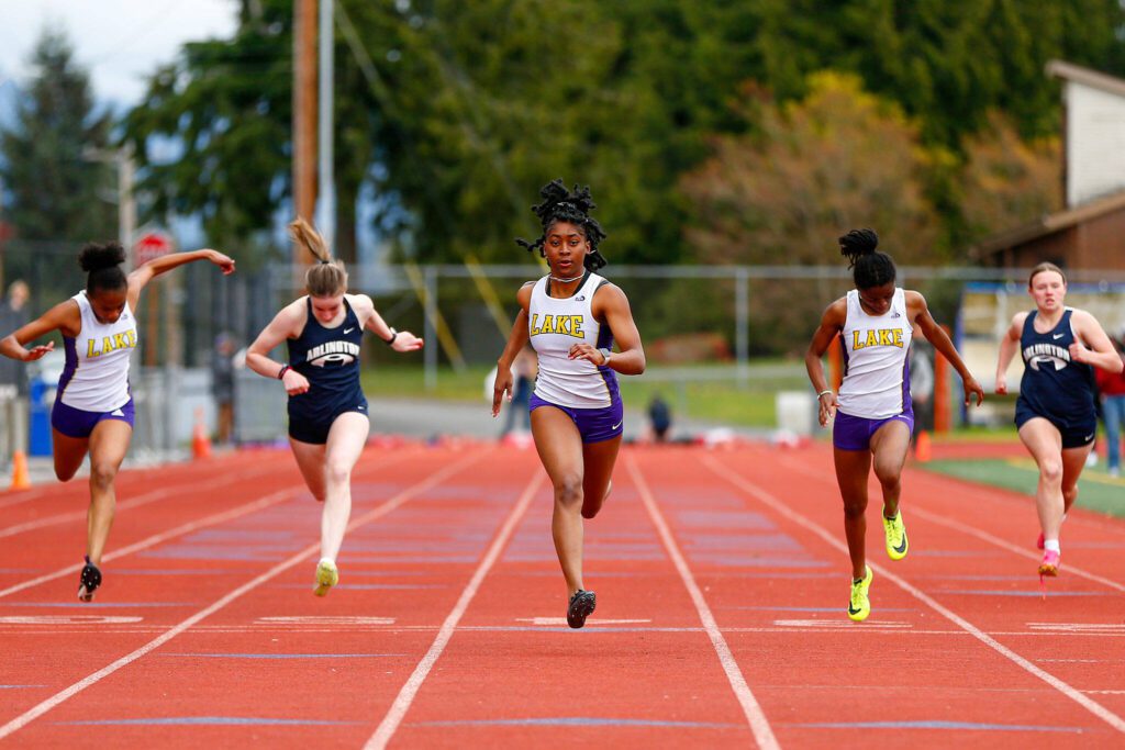 Lake Stevens sprinter Jada Sarrys takes first in the 100 meter dash during a meet Thursday, April 11, 2024, in Lake Stevens, Washington. (Ryan Berry / The Herald)

