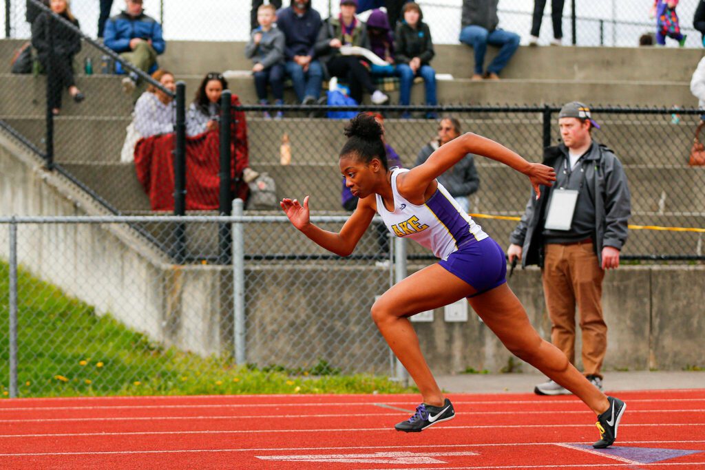 Lake Stevens’ Kaysa Banks takes off at the start of the 400 meter, which she won, during a meet Thursday, April 11, 2024, in Lake Stevens, Washington. (Ryan Berry / The Herald)
