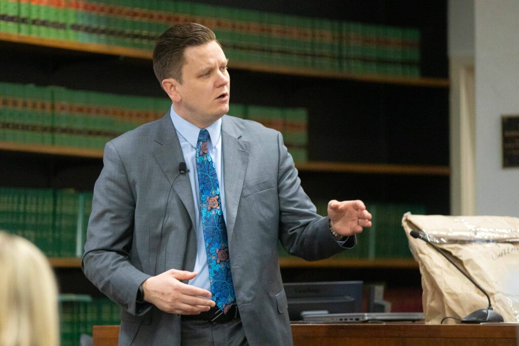 Deputy prosecutor Bob Langbehn speaks to the jury during opening statements in the new trial of Jamel Alexander on Tuesday, April 16, 2024, at Snohomish County Superior Court in Everett, Washington. (Ryan Berry / The Herald)
