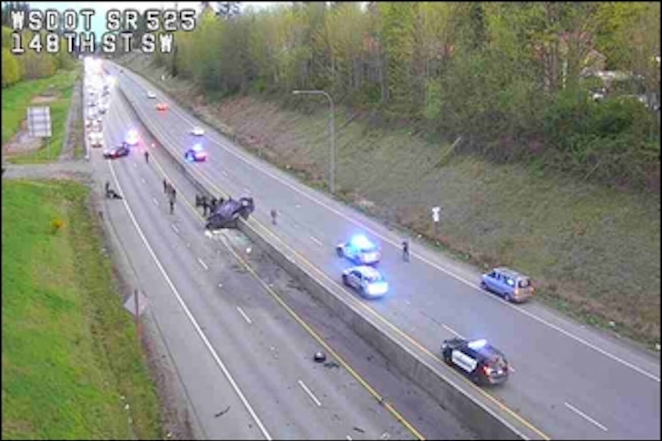 Police respond to a wrong way crash Thursday night on Highway 525 in Lynnwood after a police chase. (Photo provided by Washington State Department of Transportation)