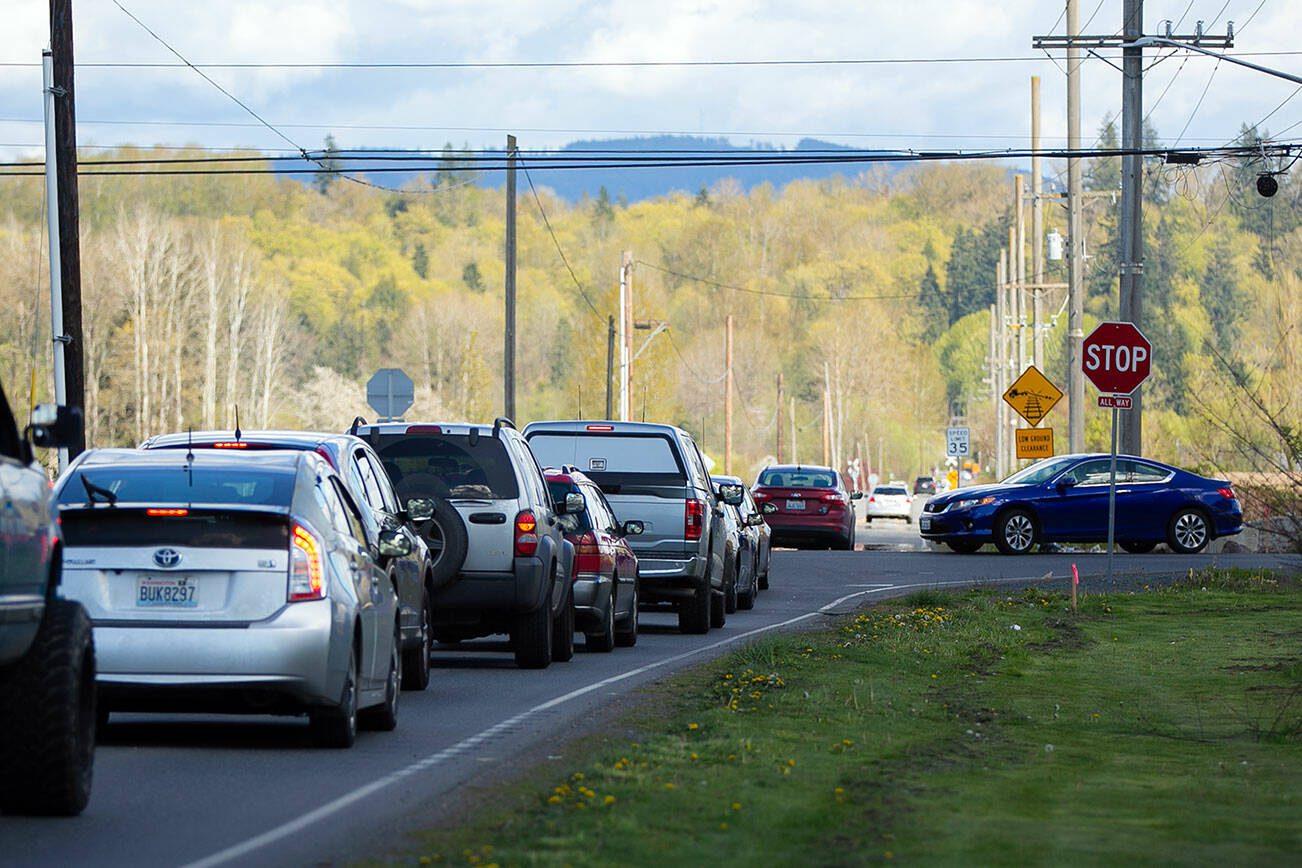 Traffic builds up at the intersection of 152nd St NE and 51st Ave S on Tuesday, April 16, 2024, in Marysville, Washington. (Ryan Berry / The Herald)