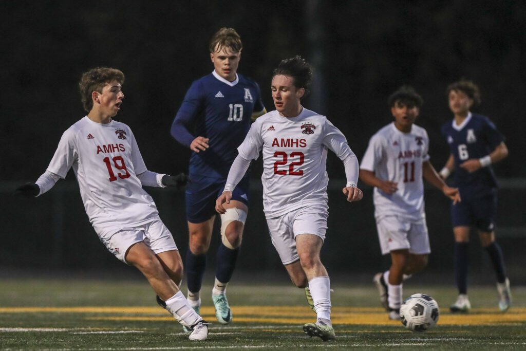 Archbishop Murphy’s Luca Ames (19) kicks the ball during a boys soccer game between Archbishop Murphy and Arlington at Arlington High School on Monday, April 15, 2024 in Arlington, Washington. (Annie Barker / The Herald)
