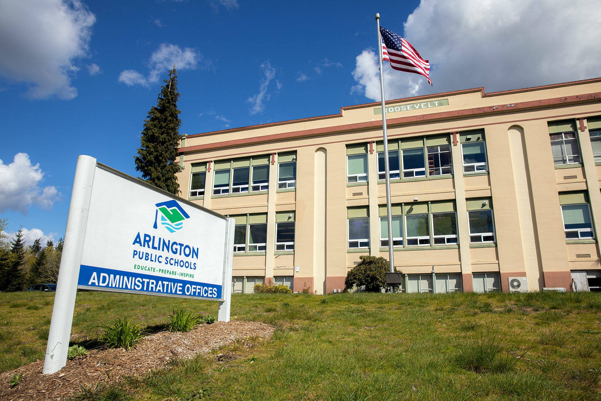 The Arlington Public Schools Administration Building is pictured on Tuesday, April 16, 2024, in Arlington, Washington. (Ryan Berry / The Herald)