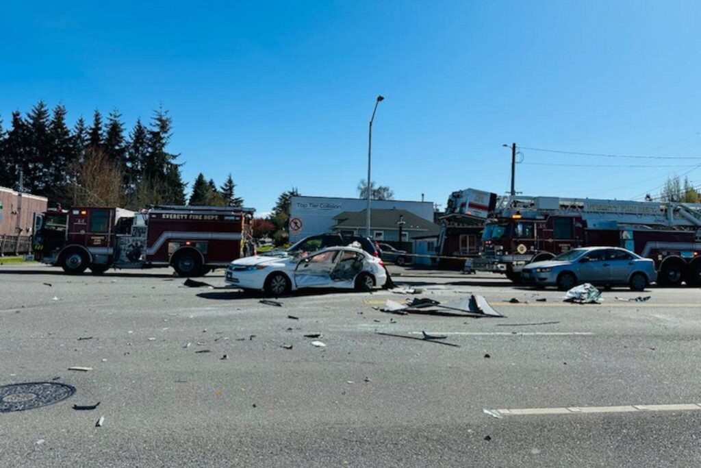 Everett Fire Department and Everett Police on scene of a multiple vehicle collision with injuries in the 1400 block of 41st Street. (Photo provided by Everett Fire Department)
