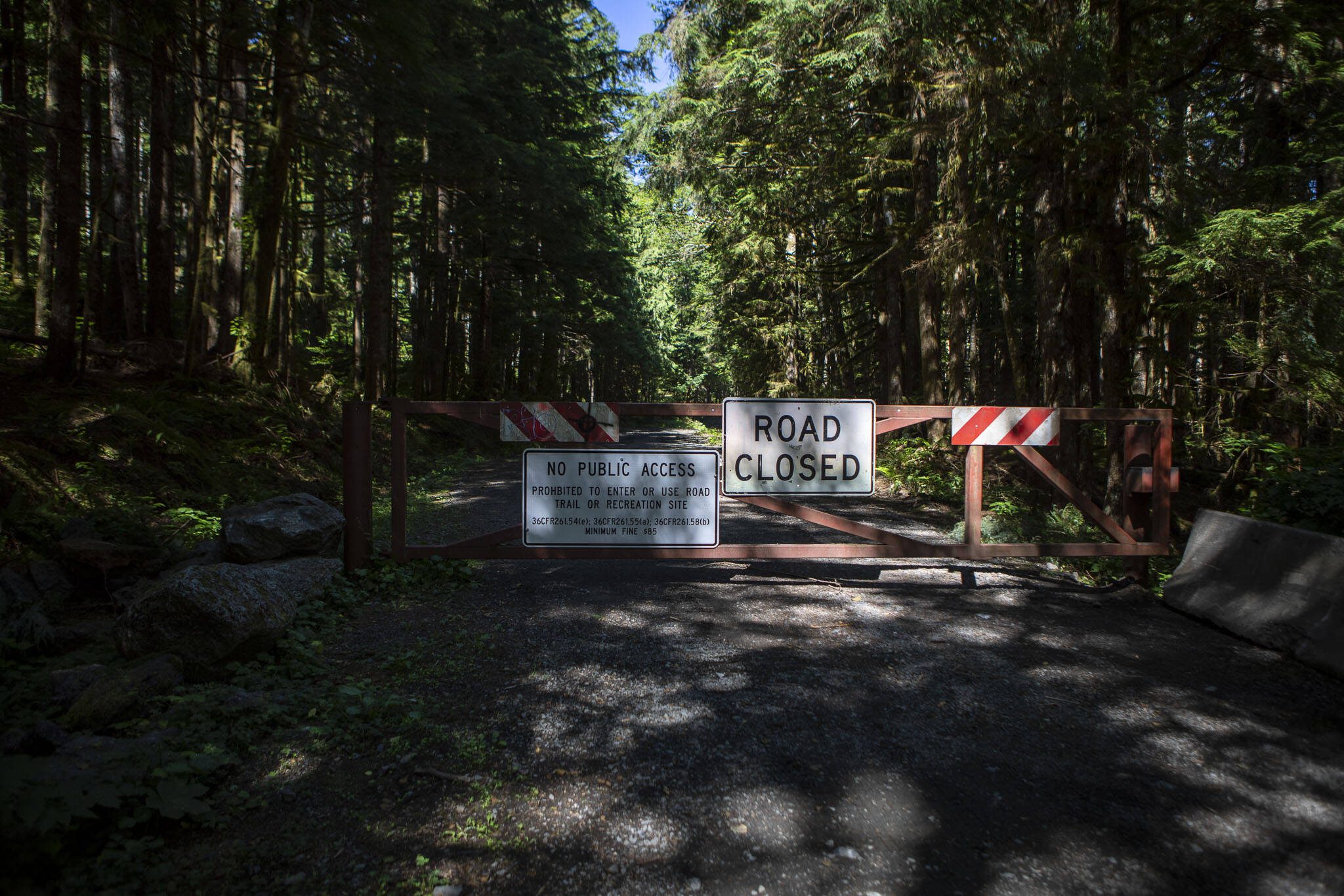 A closed road at the Heather Lake Trail parking lot along the Mountain Loop Highway in Snohomish County, Washington on Wednesday, July 19, 2023. (Annie Barker / The Herald)