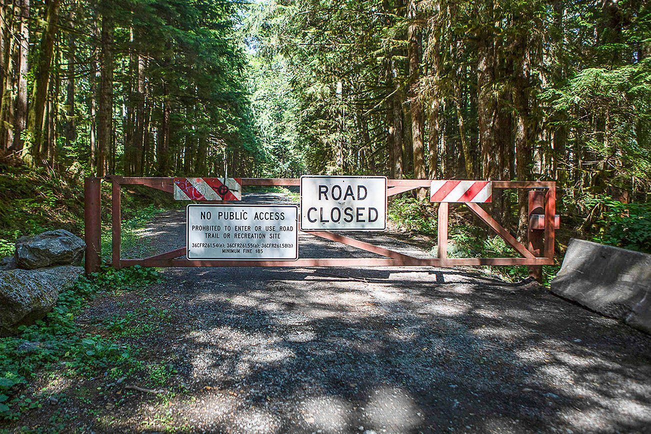 A closed road at the Heather Lake Trail parking lot along the Mountain Loop Highway in Snohomish County, Washington on Wednesday, July 20, 2023. (Annie Barker / The Herald)