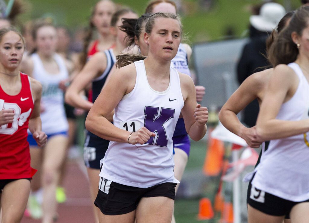 Kamiak’s Molly Lesyna runs in the girls 1,600 meters during the Eason Invitational at Snohomish High School on Saturday, April 20, 2024 in Snohomish, Washington. (Olivia Vanni / The Herald)
