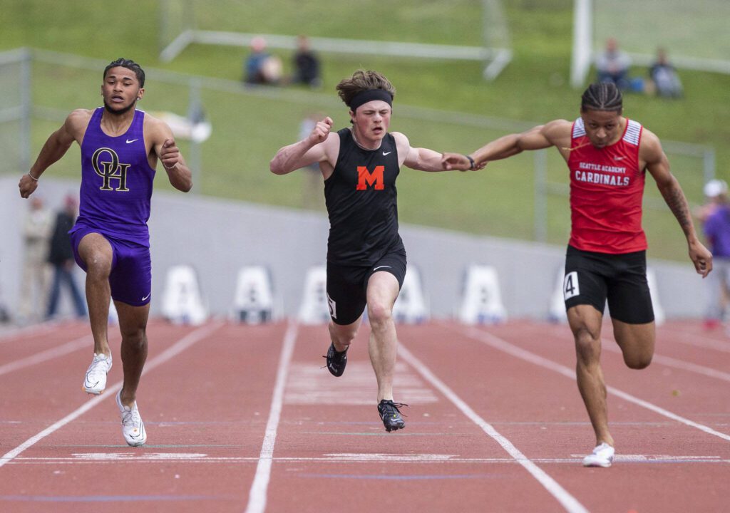 Monroe’s Mason Davis runs in the boys 100 meters during the Eason Invitational at Snohomish High School on Saturday, April 20, 2024 in Snohomish, Washington. Davis placed third with a time of 10.68 seconds. (Olivia Vanni / The Herald)

