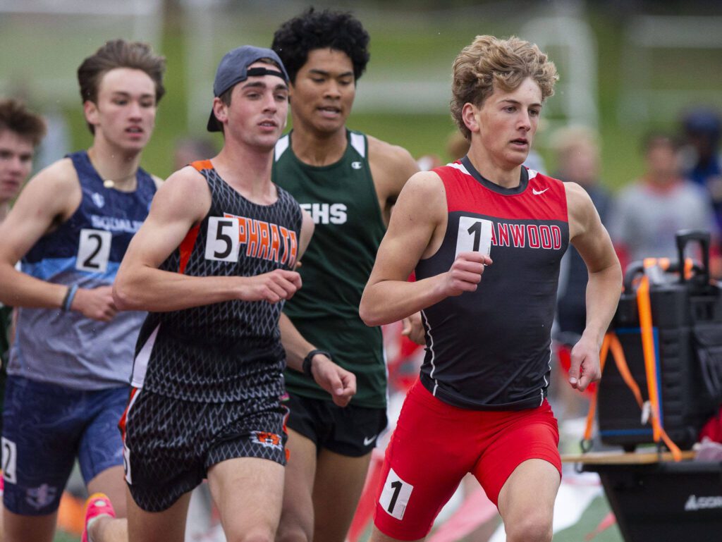 Stanwood’s Ryan Khoury runs in the boys 800 meters during the Eason Invitational at Snohomish High School on Saturday, April 20, 2024 in Snohomish, Washington. (Olivia Vanni / The Herald)
