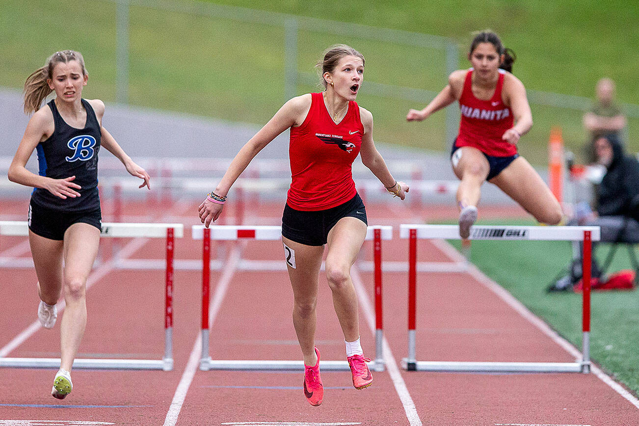 Mountlake Terrace’s Brynlee Dubiel reacts to her time after crossing the finish line in the girls 300-meter hurdles during the Eason Invitational at Snohomish High School on Saturday, April 20, 2024 in Snohomish, Washington. Dubiel placed fourth with a time of 46.85 seconds. (Olivia Vanni / The Herald)