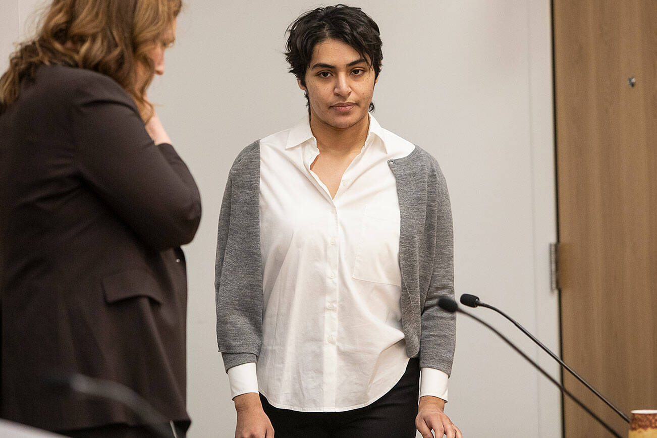 Janet Garcia walks into the courtroom for her arraignment at the Snohomish County Courthouse on Monday, April 22, 2024 in Everett, Washington. (Olivia Vanni / The Herald)