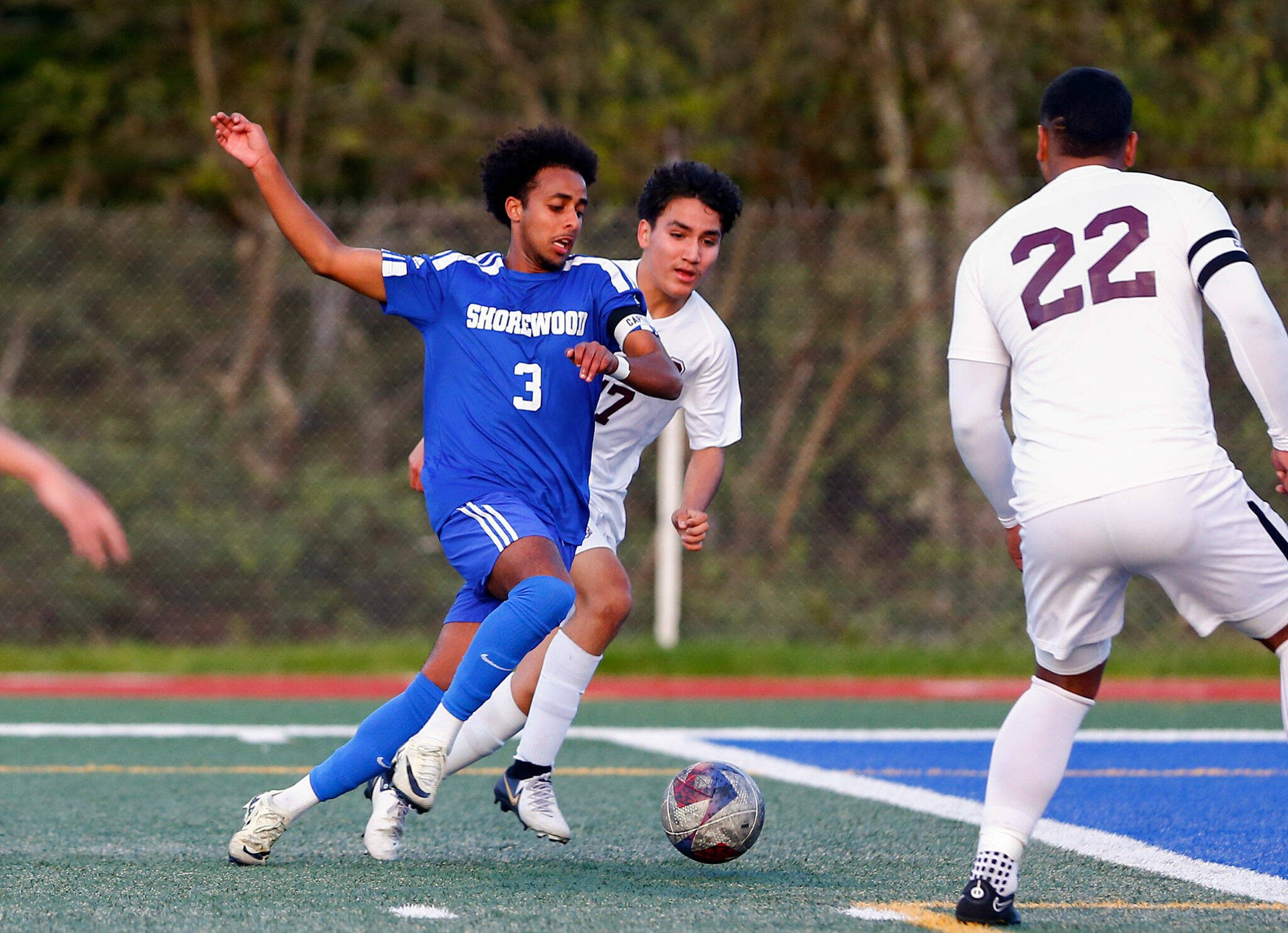 Shorewood senior forward Isaak Abraham nearly gets to the goal against Cascade during a boys soccer match on Monday, April 22, 2024, at Shoreline Stadium in Shoreline, Washington. (Ryan Berry / The Herald)