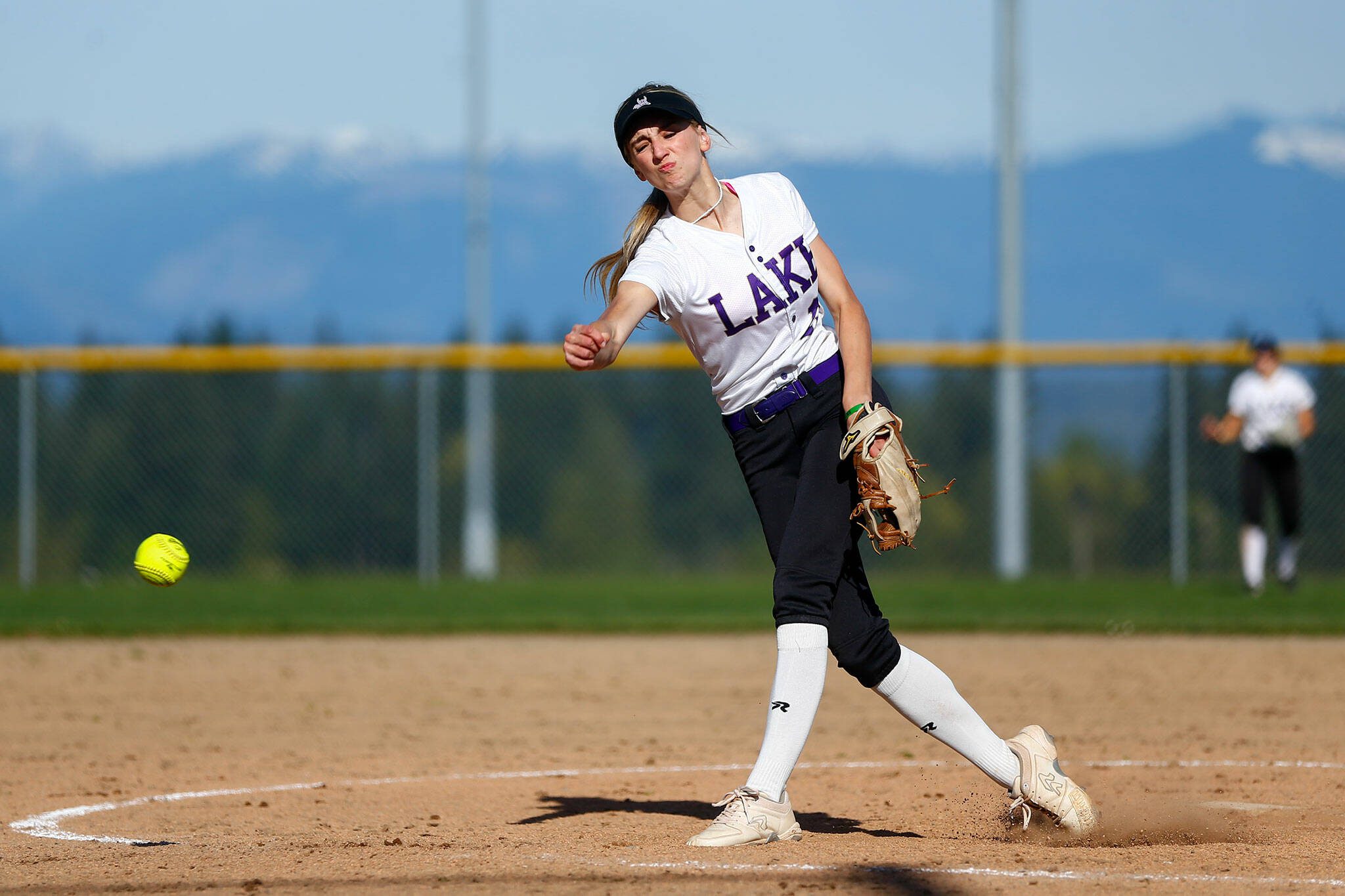 Lake Stevens pitcher Charli Pugmire deals against Glacier Peak on Tuesday, April 23, 2024, at Glacier Peak High School in Snohomish, Washington. (Ryan Berry / The Herald)