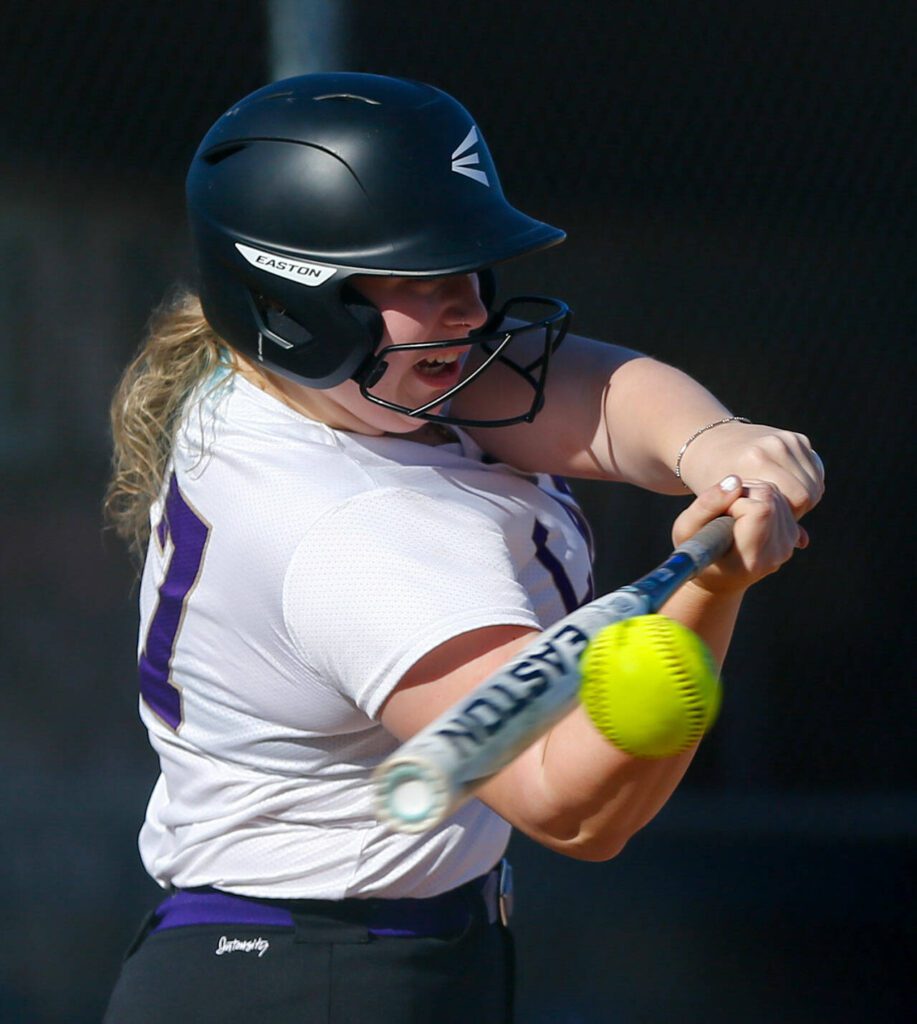 Lake Stevens’ Emerson Cummins takes a swing at a pitch against Glacier Peak on Tuesday, April 23, 2024, at Glacier Peak High School in Snohomish, Washington. (Ryan Berry / The Herald)
