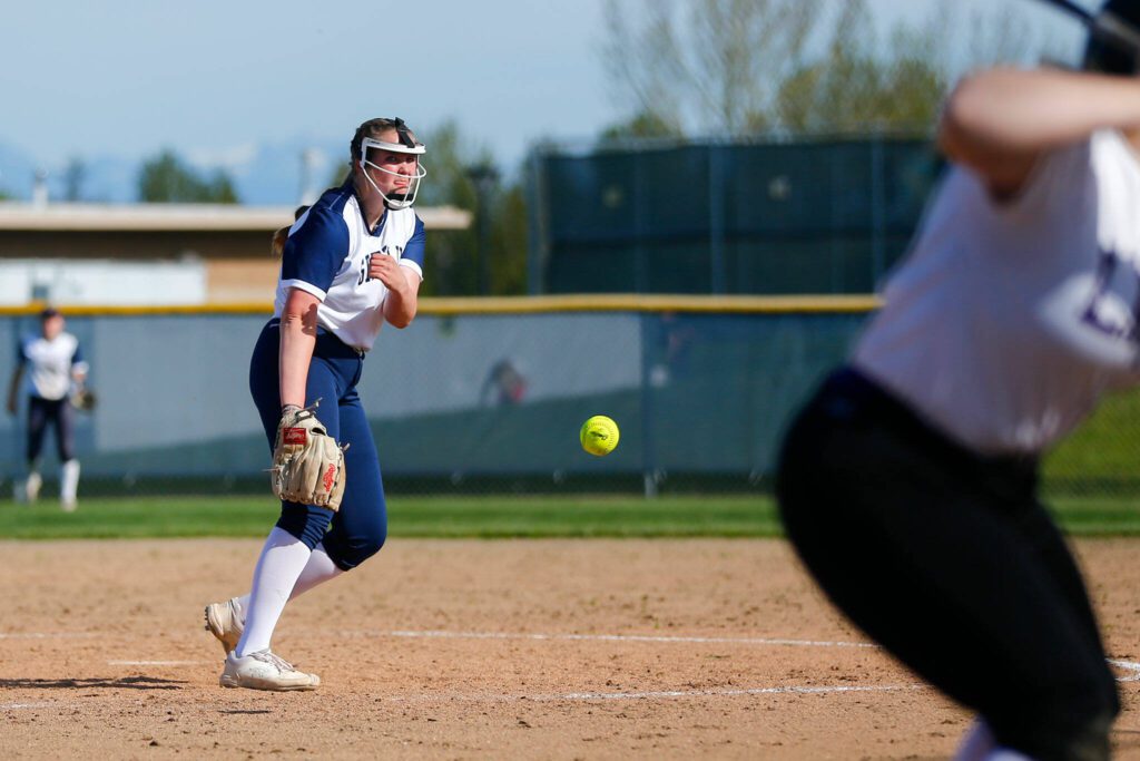 Glacier Peak’s Maya Mesa delivers a pitch against Lake Stevens on Tuesday, April 23, 2024, at Glacier Peak High School in Snohomish, Washington. (Ryan Berry / The Herald)
