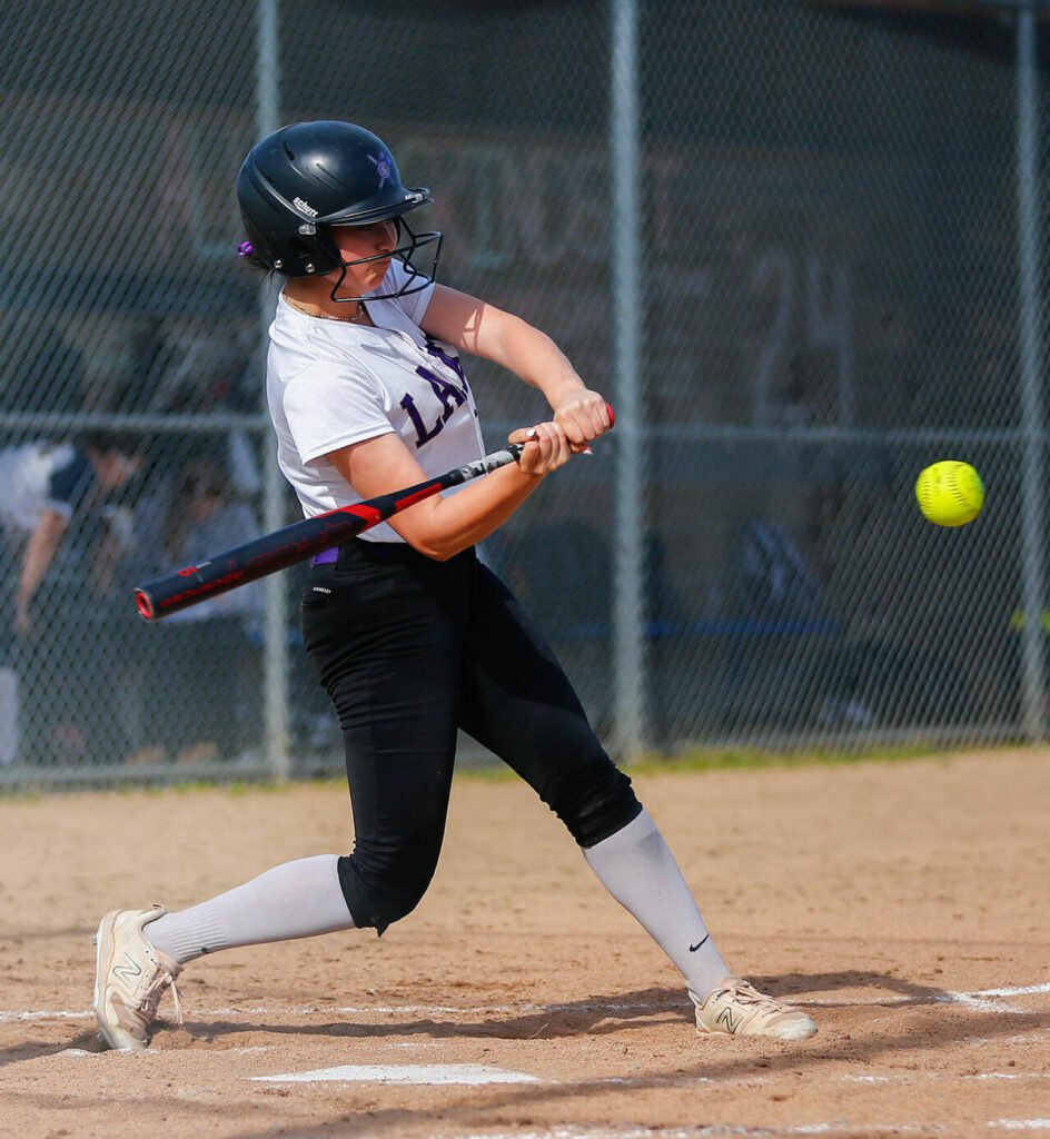 Lake Stevens’ Haylee Kim takes a cut at a pitch against Glacier Peak on Tuesday, April 23, 2024, at Glacier Peak High School in Snohomish, Washington. (Ryan Berry / The Herald)
