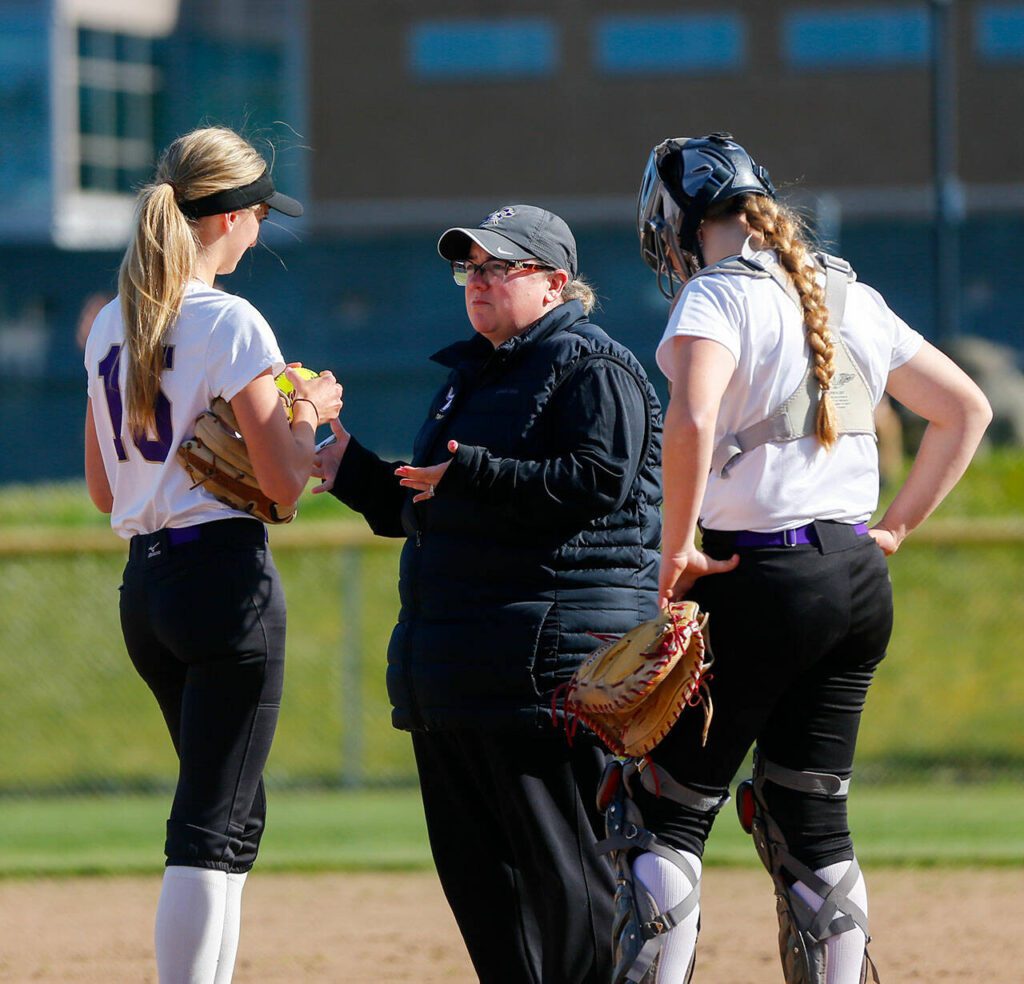 Lake Stevens holds a mound visit during a tie game against Glacier Peak on Tuesday, April 23, 2024, at Glacier Peak High School in Snohomish, Washington. (Ryan Berry / The Herald)
