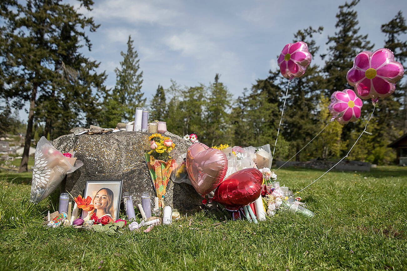 A memorial for Jenzele Couassi outside of the Don Hatch Youth Center on Tuesday, April 23, 2024 in Tulalip, Washington. (Olivia Vanni / The Herald)