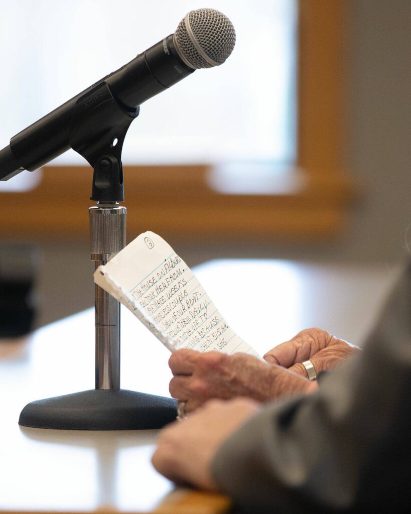 Cheryl Lee, mother of Melissa Lee, holds her notes as she speaks to Judge Mille M. Judge during the sentencing of Alan Edward Dean on Wednesday, April 24, 2024, at Snohomish County Superior Court in Everett, Washington. (Ryan Berry / The Herald)
