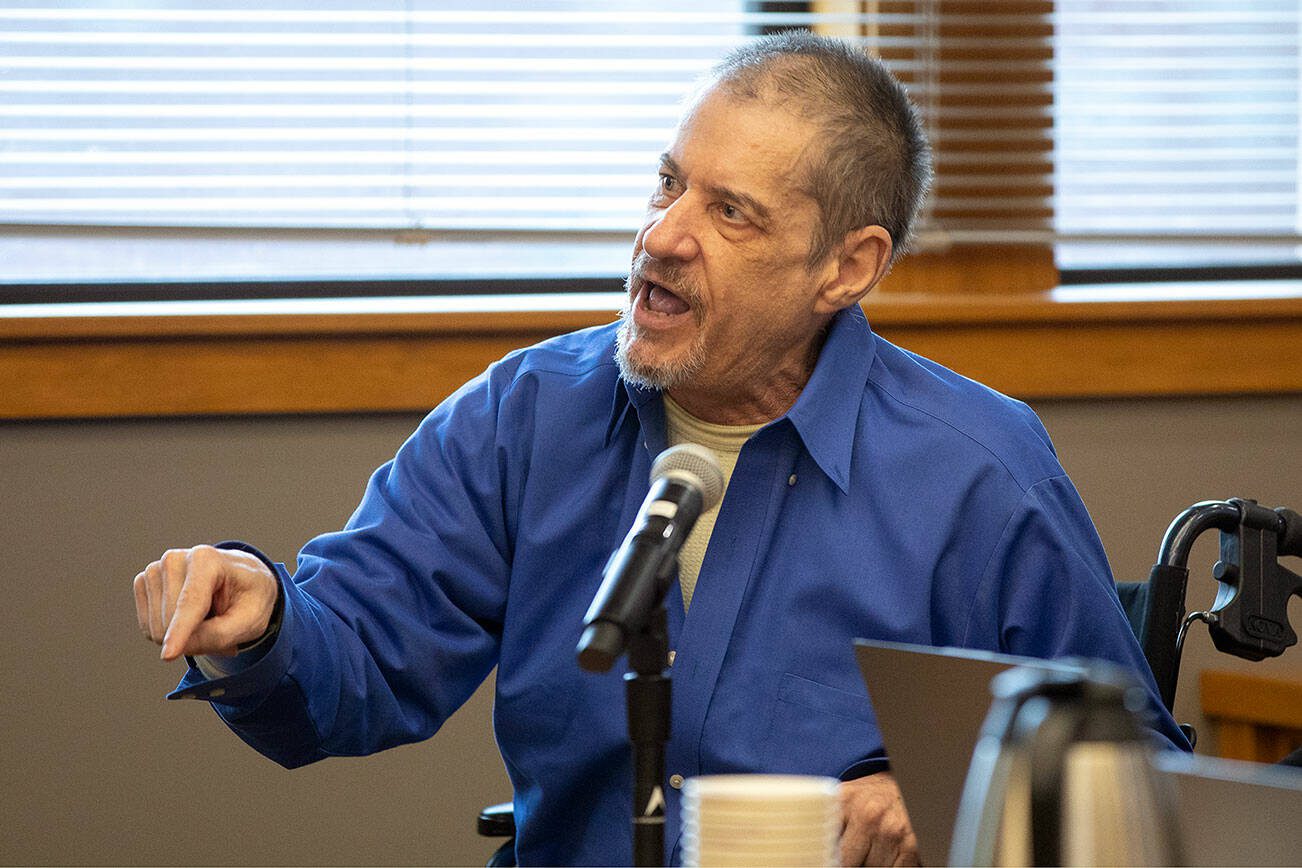 Alan Edward Dean, convicted of the 1993 murder of Melissa Lee, professes his innocence in the courtroom during his sentencing Wednesday, April 24, 2024, at Snohomish County Superior Court in Everett, Washington. (Ryan Berry / The Herald)