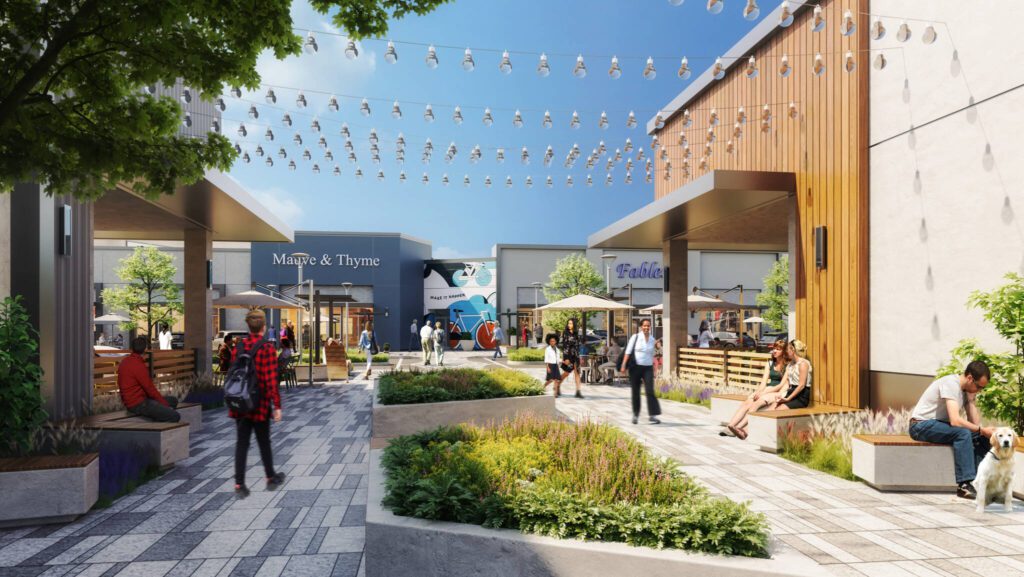 Renderings of ‘The Hub @ Everett.’The reimagined mall is a pedestrian-friendly outdoor shopping center complete with new stores, restaurants, seating and green space. (Photo provided by the City of Everett)
