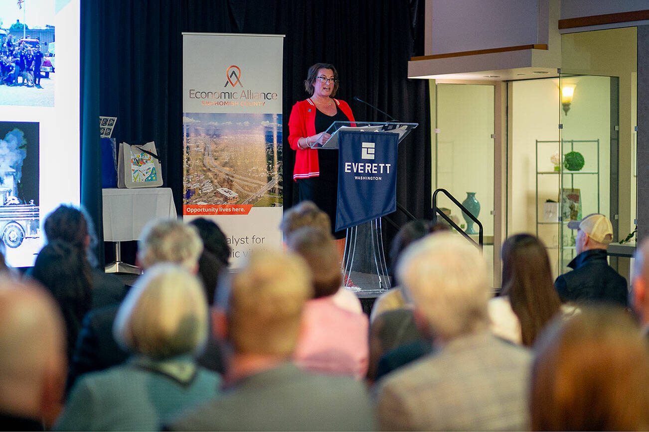 Everett Mayor Cassie Franklin delivers the State of the City Address on Thursday, March 21, 2024, at the Everett Mall in Everett, Washington. (Ryan Berry / The Herald)