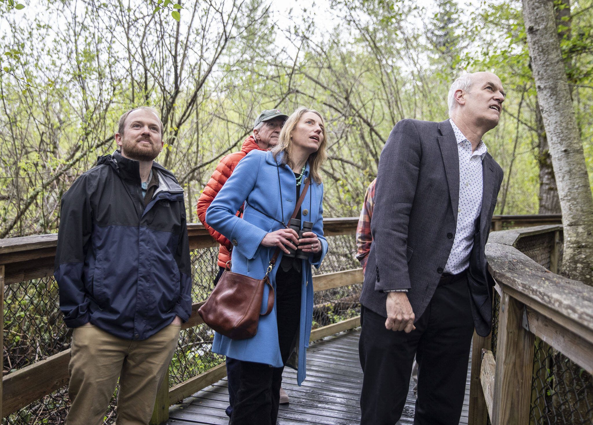 Executive Director of Pilchuck Audubon Brian Zinke, left, Director of Bird Conservation for Audubon Washington Trina Bayard, center, and Rep. Rick Larsen look up at a bird while walking in the Narbeck Wetland Sanctuary on Wednesday, April 24, 2024 in Everett, Washington. (Olivia Vanni / The Herald)