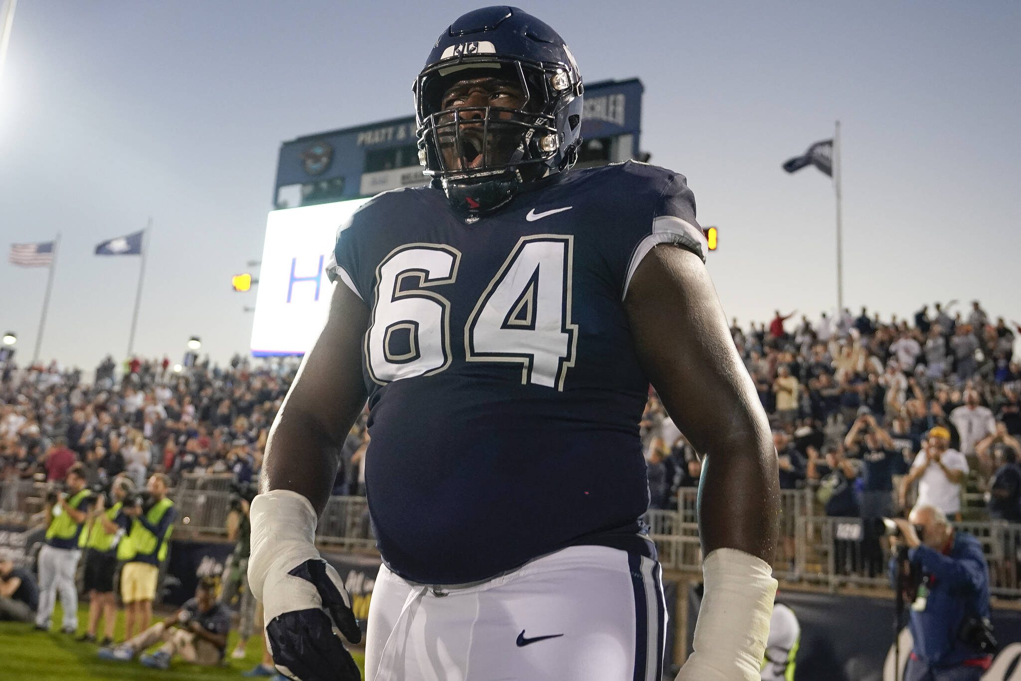 The Seattle Seahawks selected UConn offensive lineman Christian Haynes in the third round of the NFL draft. (AP Photo/Bryan Woolston)
