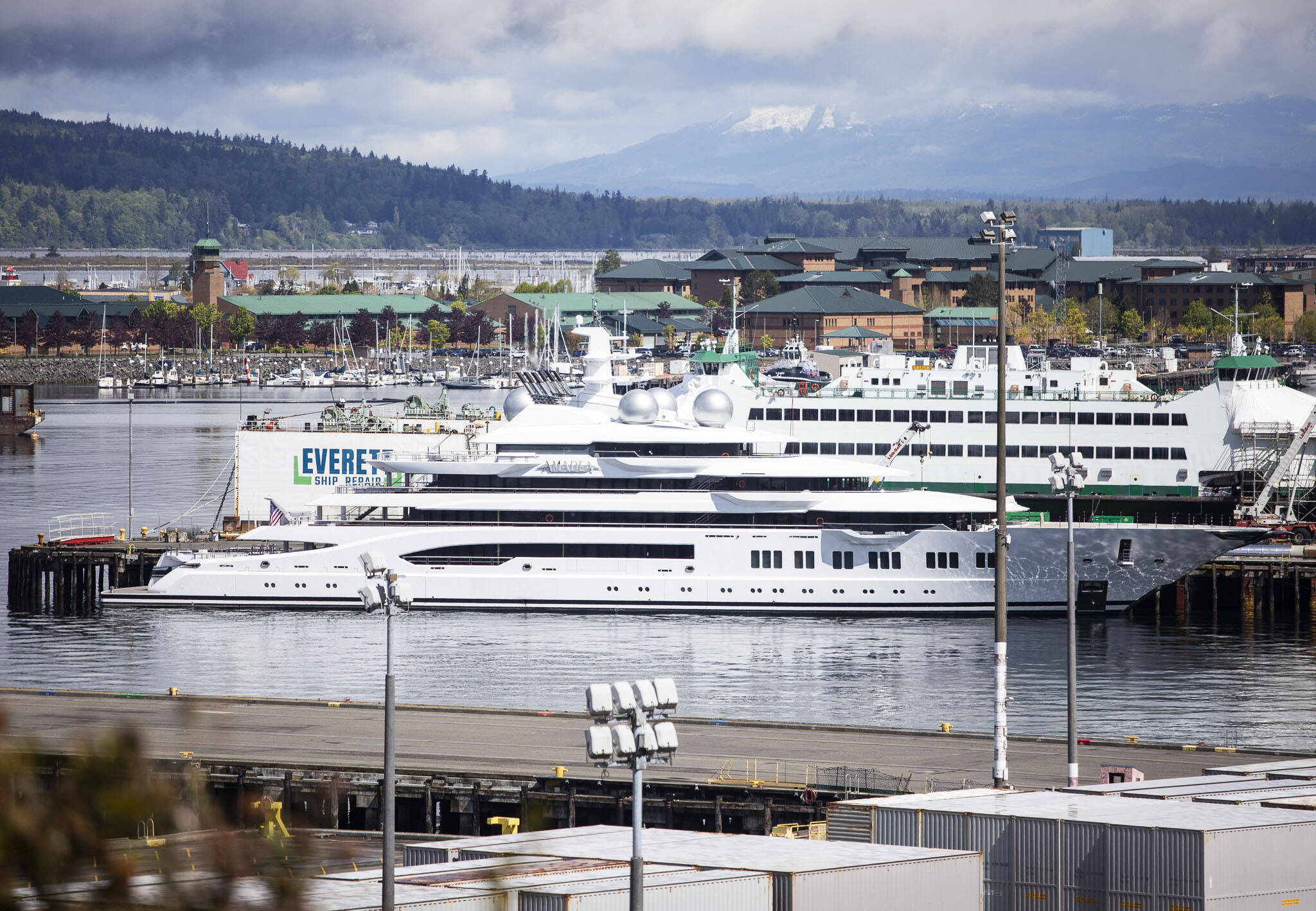Amadea, a superyacht, docked at the Port of Everett on Monday, April 29, 2024 in Everett, Washington. (Olivia Vanni / The Herald)