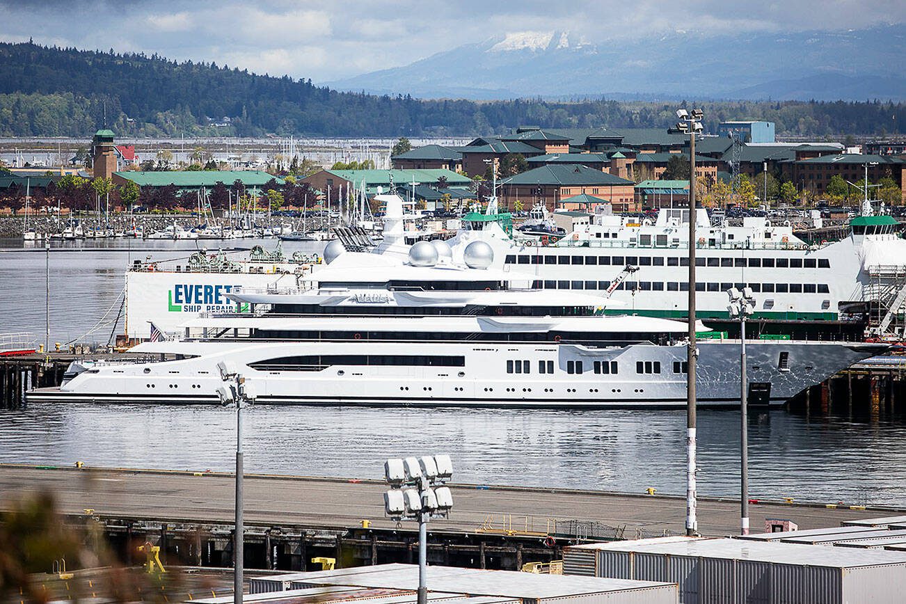 Amadea, a superyacht, docked at the Port of Everett on Monday, April 29, 2024 in Everett, Washington. (Olivia Vanni / The Herald)