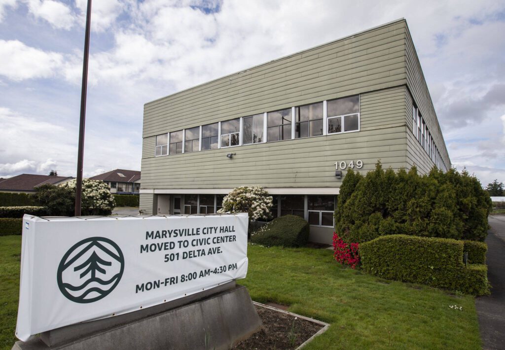 The former Marysville City Hall building along State Avenue on Tuesday, April 30, 2024 in Marysville, Washington. (Olivia Vanni / The Herald)
