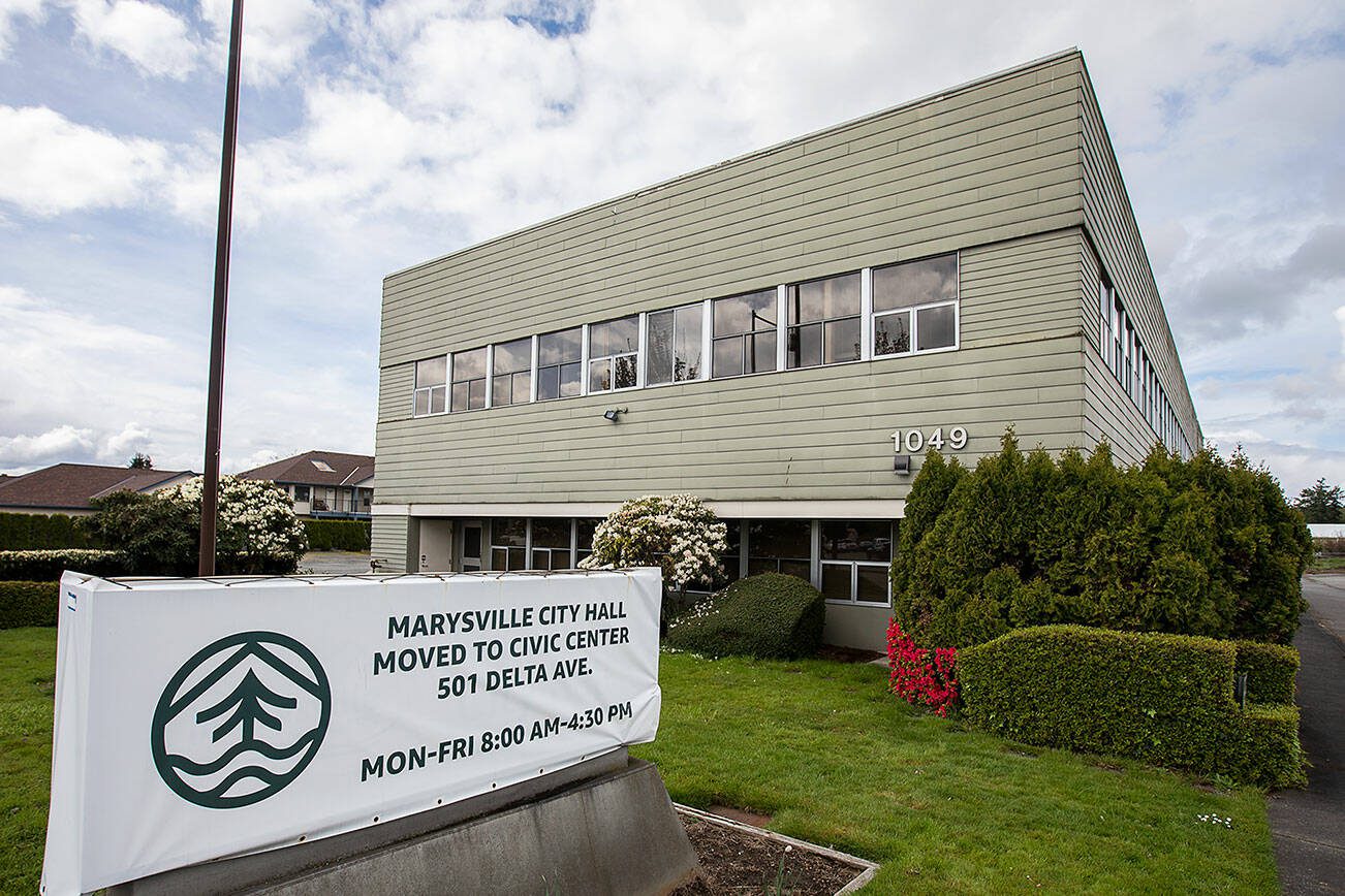 The former Marysville City Hall building along State Avenue on Tuesday, April 30, 2024 in Marysville, Washington. (Olivia Vanni / The Herald)