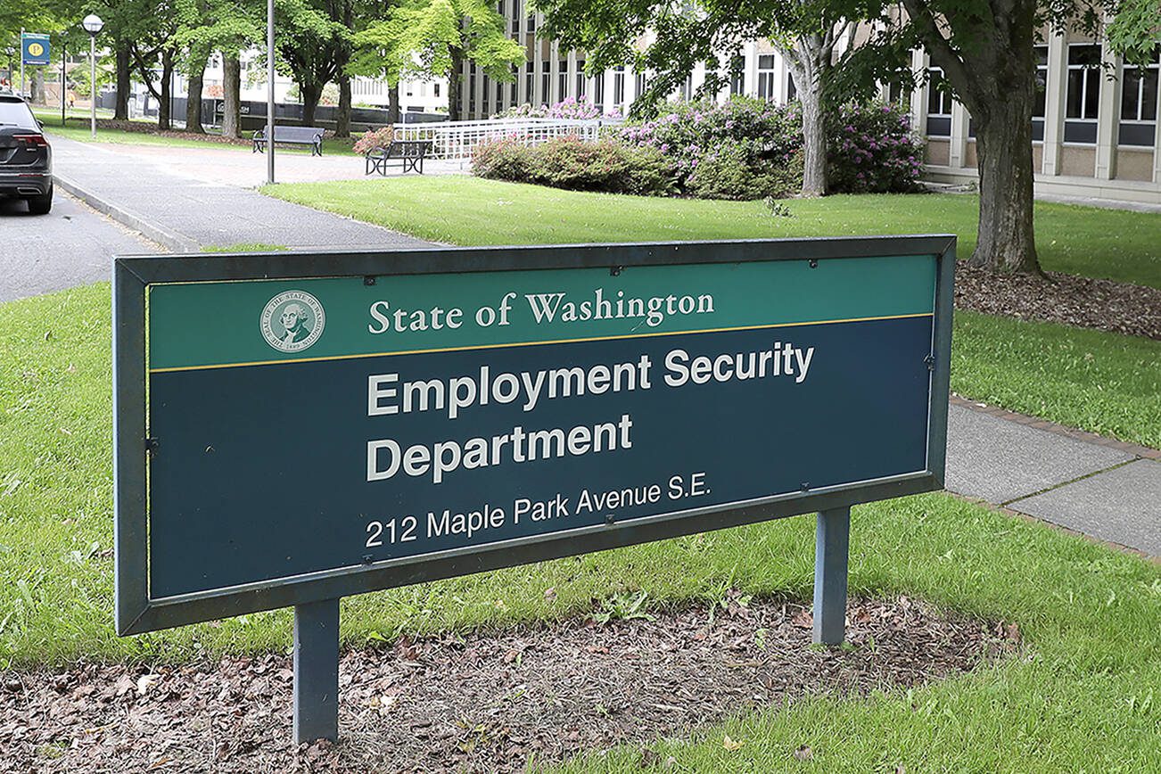 This photo shows a sign at the headquarters for Washington state's Employment Security Department Tuesday, May 26, 2020, at the Capitol in Olympia, Wash. Washington state's rush to get unemployment benefits to residents who lost jobs due to the coronavirus outbreak left it vulnerable to criminals who made off with hundreds of millions of dollars in fraudulent claims. (AP Photo/Ted S. Warren)