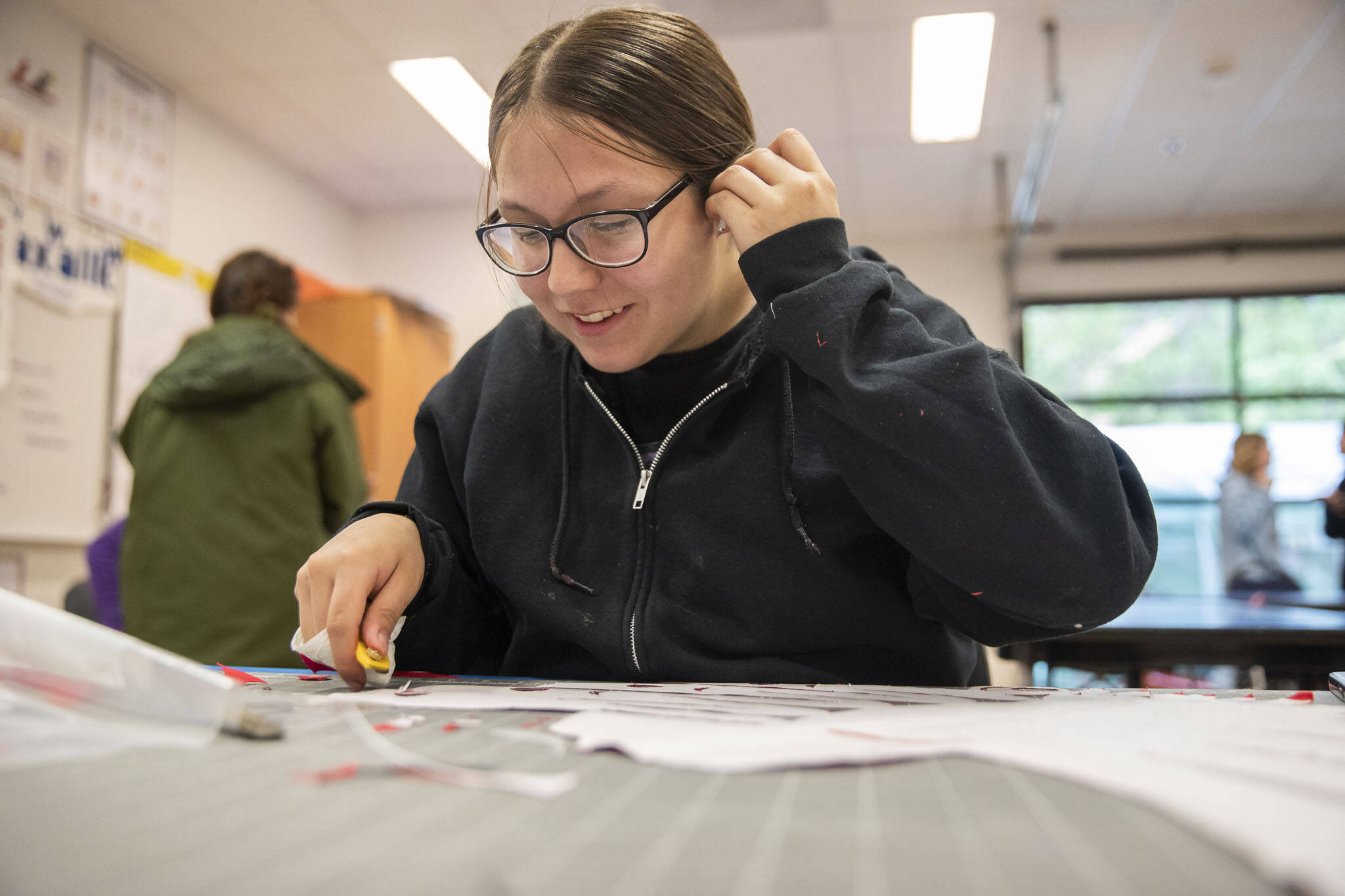 Ninth grader Ariel Valencia works on a project at Tulalip Heritage High School on Wednesday, April 24, 2024 in Marysville, Washington. (Olivia Vanni / The Herald)