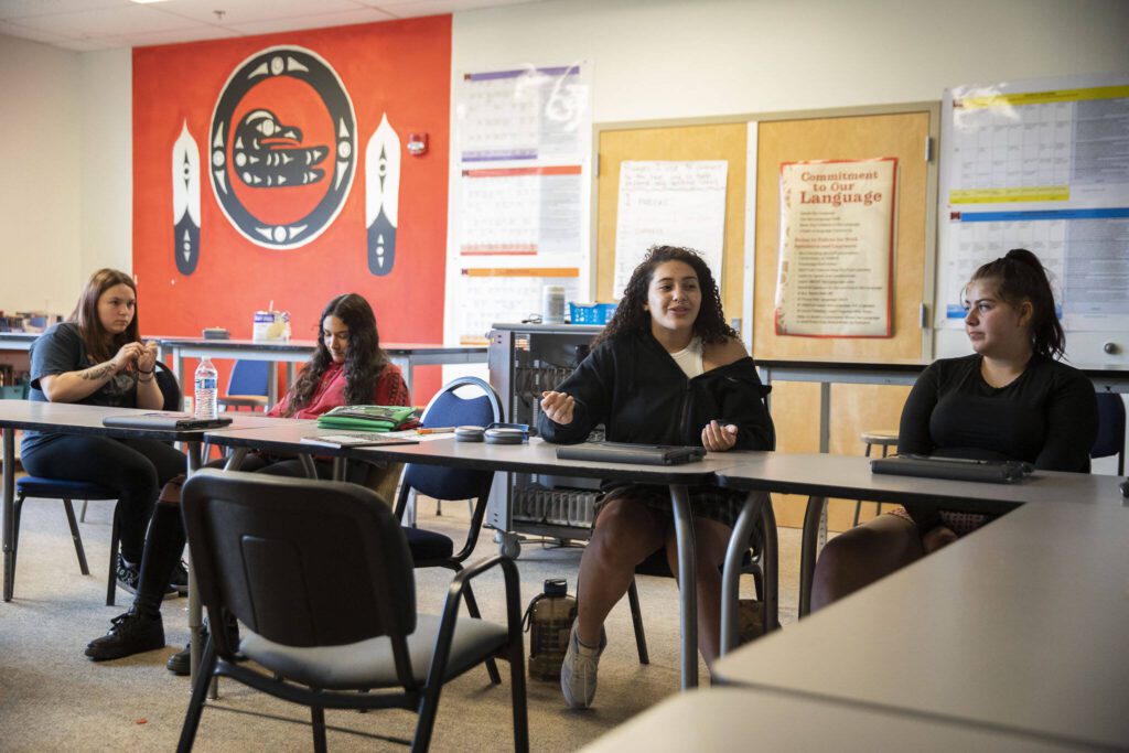 Rylee Fryberg-Lewis talks about her experience with Big Picture learning at Tulalip Heritage High School on Wednesday, April 24, 2024 in Marysville, Washington. (Olivia Vanni / The Herald)
