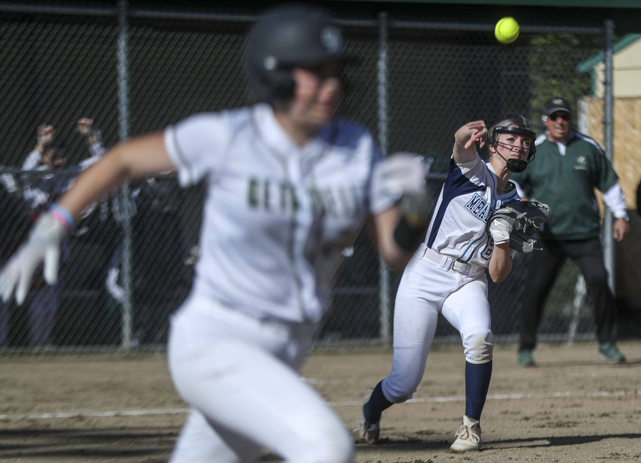 Meadowdale’s Jaeden Sajec (8) throws the ball during a softball game between Meadowdale and Marysville Getchell on Wednesday, May 1, 2024 in Marysville, Washington. Meadowdale won, 12-9. (Annie Barker / The Herald)