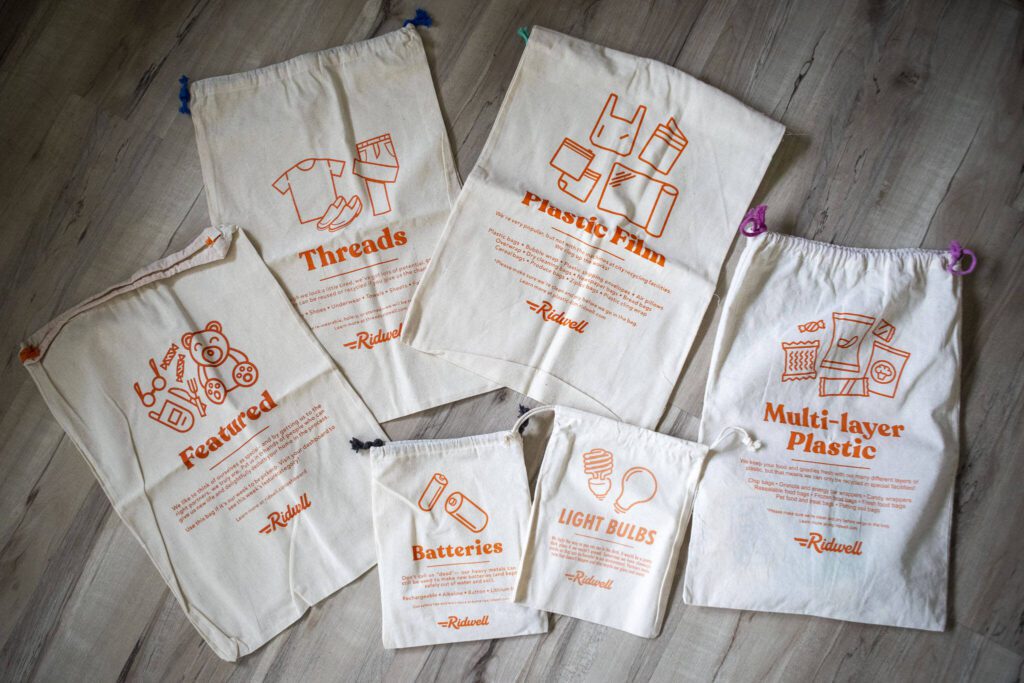 Bags for different categories of the Ridwell recycling program at Ta’Leah Van Sistine’s home in Bothell, Washington on April 30, 2024. (Annie Barker / The Herald)
