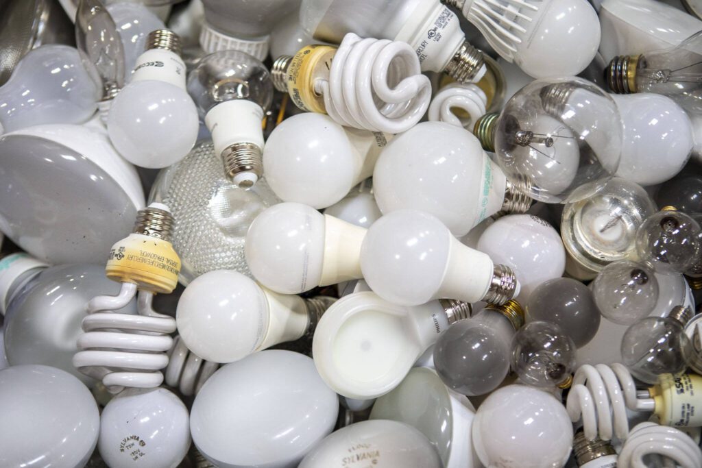 Recycled lightbulbs at the Ridwell headquarters in Seattle, Washington on May 6, 2024. (Annie Barker / The Herald)
