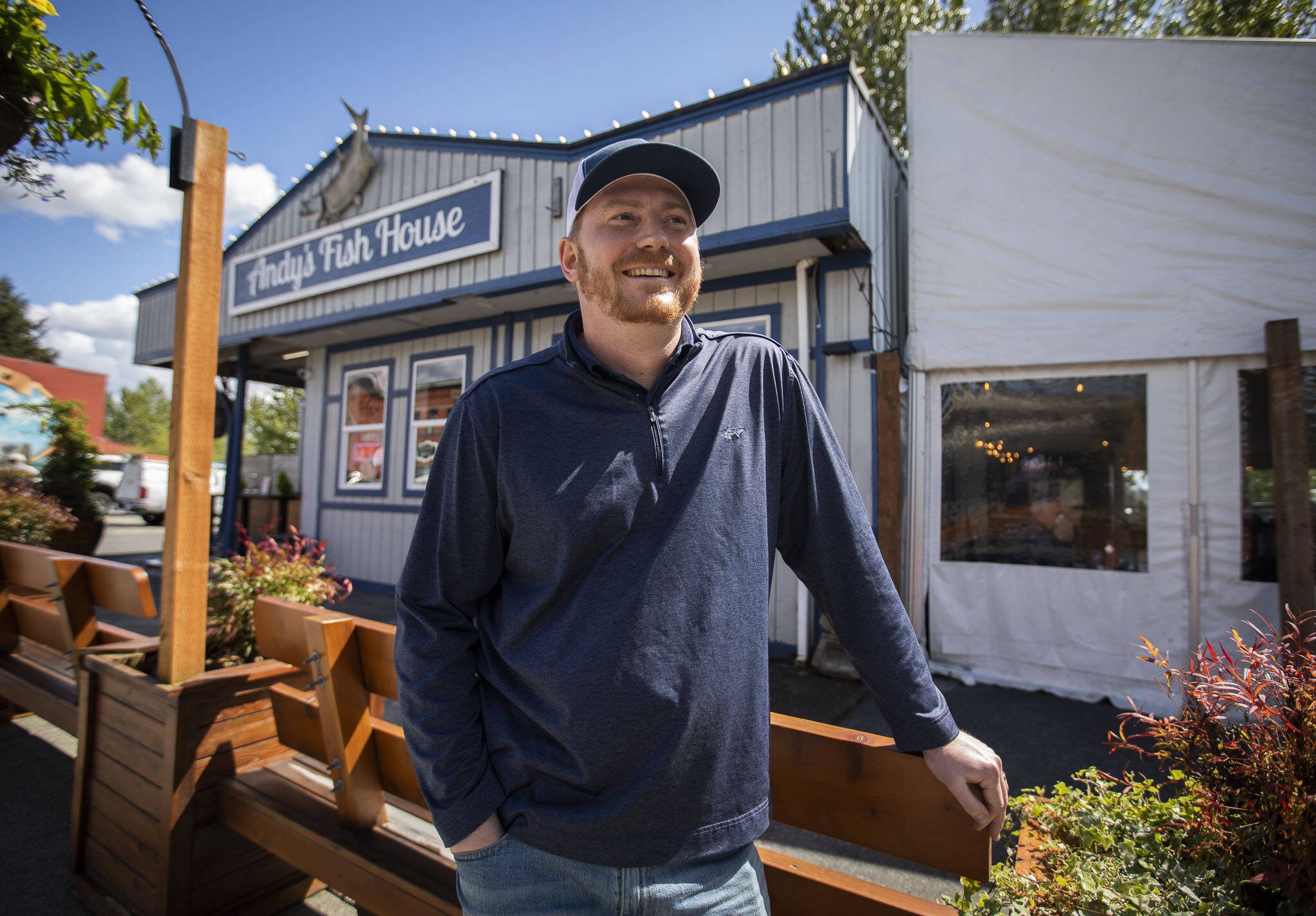 photos by Olivia Vanni / The Herald
Andy Gibbs, co-owner of Andy’s Fish House, stands outside of his restaurant on May 1 in Snohomish.