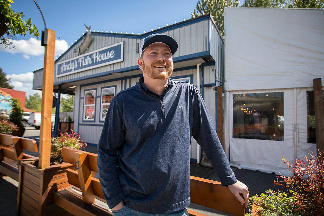 Andy Gibbs, co-owner of Andy’s Fish House, outside of his restaurant on Wednesday, May 1, 2024 in Snohomish, Washington. (Olivia Vanni / The Herald)